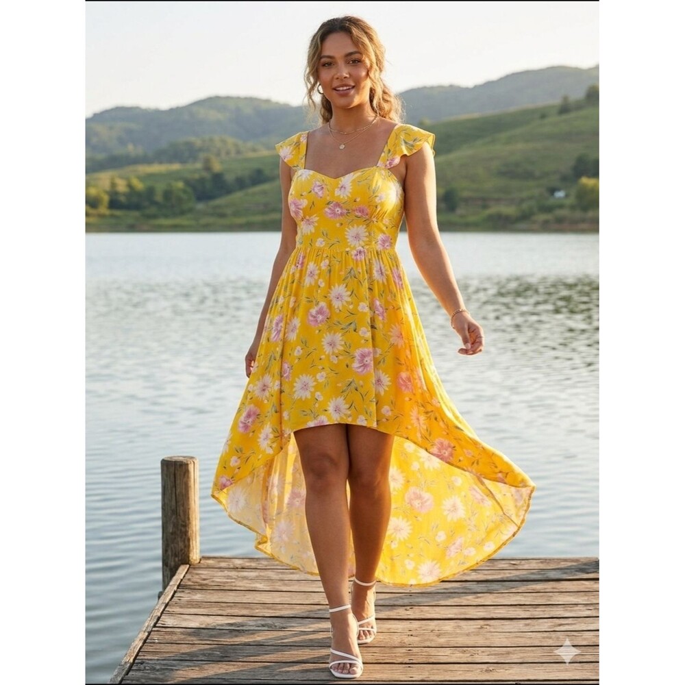 NWT As U Wish Yellow Floral High Low Dress Size L Smocked